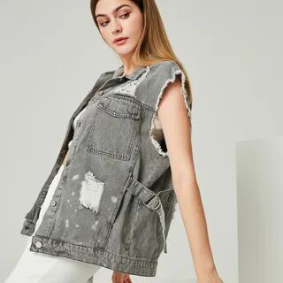 YS by YesStyle Oversized Distressed Denim Vest  - Womens