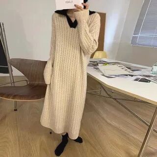 Vinales Long-Sleeve Collar Two Tone Cable-Knit Midi Sweater Dress Beige - One Size  - Womens