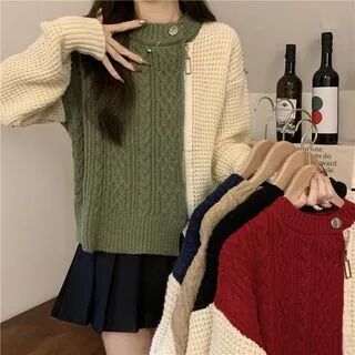 Laeron Crew Neck Two Tone Slit Panel Cable Knit Sweater  - Womens