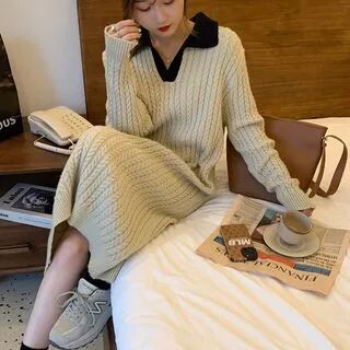 Gwendolyn Long-Sleeve V-Neck Two Tone Cable Knit Midi Shift Polo Sweater Dress  - Womens