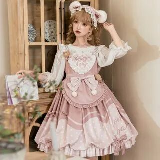 YOGANDA Set: Short-Sleeve Crew Neck Two Tone Lolita A-Line Dress + Bow Apron  - Womens