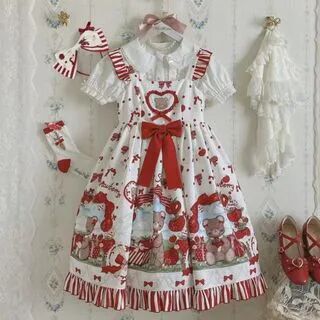 Lolita Smile Bear Print Midi A-Line Dress / Apron / Headband / Set (Various Designs)  - Womens