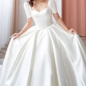 Sorali Short-Sleeve Plain Bow Accent Wedding Ball Gown  - Womens