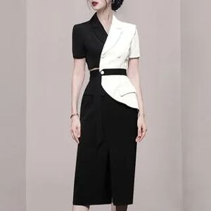 Aurora Set: Short-Sleeve Notch Lapel Two Tone Asymmetrical Double Breasted Blazer + High Waist Slit Midi Pencil Skirt  - Womens