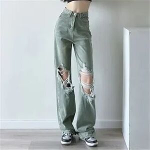 Reknovine High-Waist Straight-Fit Distressed Jeans  - Womens