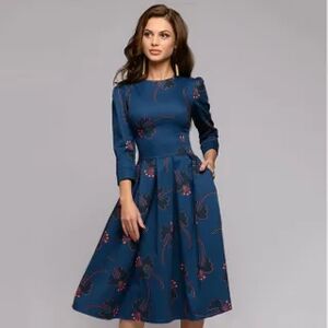 Sweet Amour 3/4-Sleeve Floral Printed High-Waist Pleated Dress  - Womens
