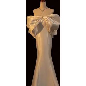 Showstopper Short-Sleeve Off Shoulder Plain Bow Satin Mermaid Wedding Gown  - Womens