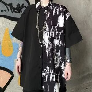 Malnia Home Punk Elbow-Sleeve Print Panel Chain Accent Button-Up Oversized Shirt  - Womens