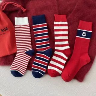 Sock Kingdom Set of 4: Socks 4 Pairs - Red & White & Navy Blue - One Size  - Womens