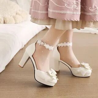 Shoes Galore Platform Chunky Heel Bow Lace Trim Mary Jane Shoes  - Footware