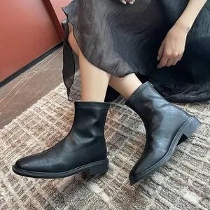 Anran Plain Block Heel Short Boots  - Footware