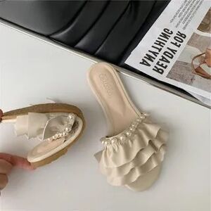 Anran Faux Pearl Ruffle Flat Slide Sandals  - Footware