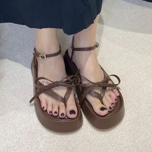 Anran Ankle Strap Ribbon Accent Faux Leather Platform Sandals  - Footware