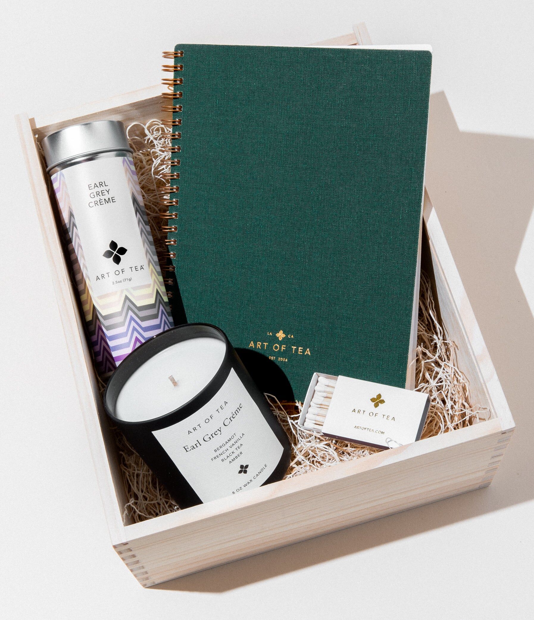 ArtOfTea Earl Grey Creme Tea, Candle, Matches & Journal Gift Box Set Tea Gifts Candle Matches Journal & Earl Grey Creme Retail Tin Gift Box Set by Art of Tea