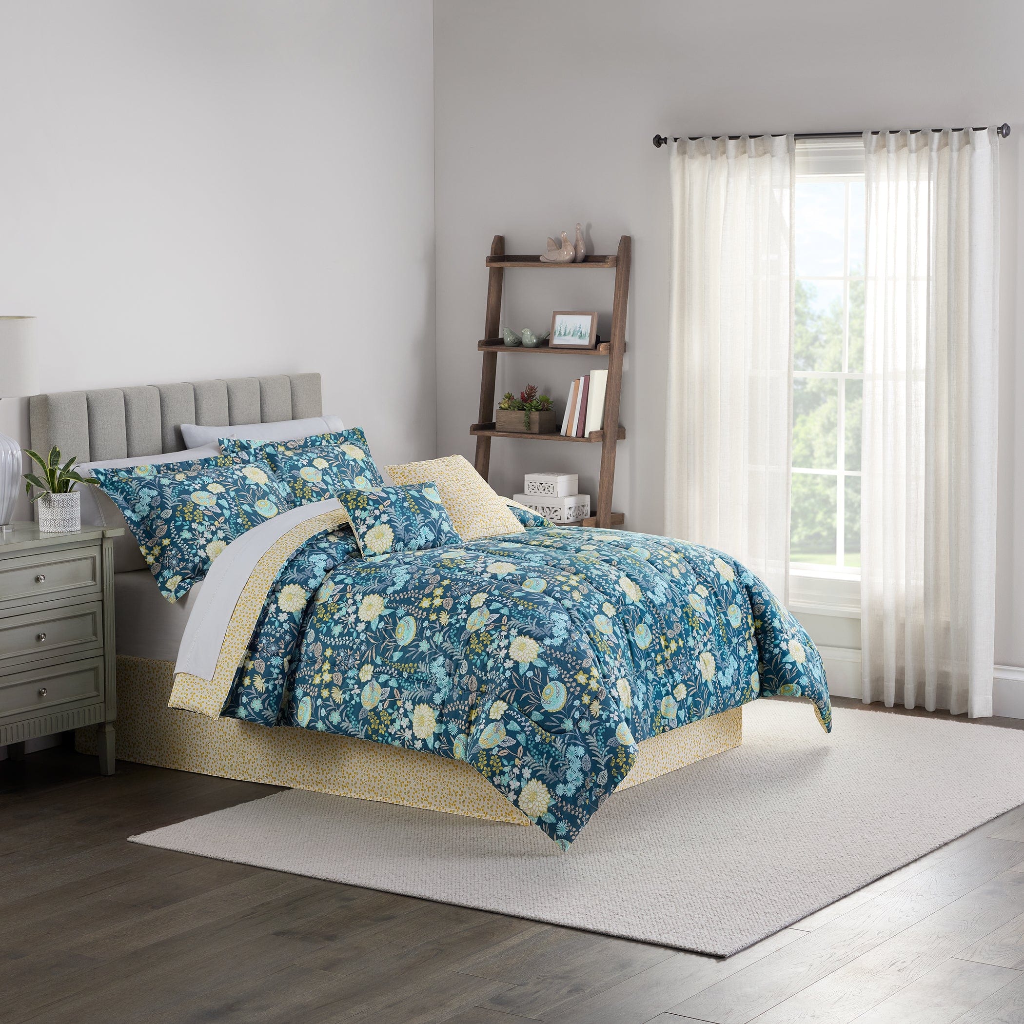 SureFit Traditions by Waverly Fiona Floral Bedding Set   Peacock Blue   6pc Full/Queen Size