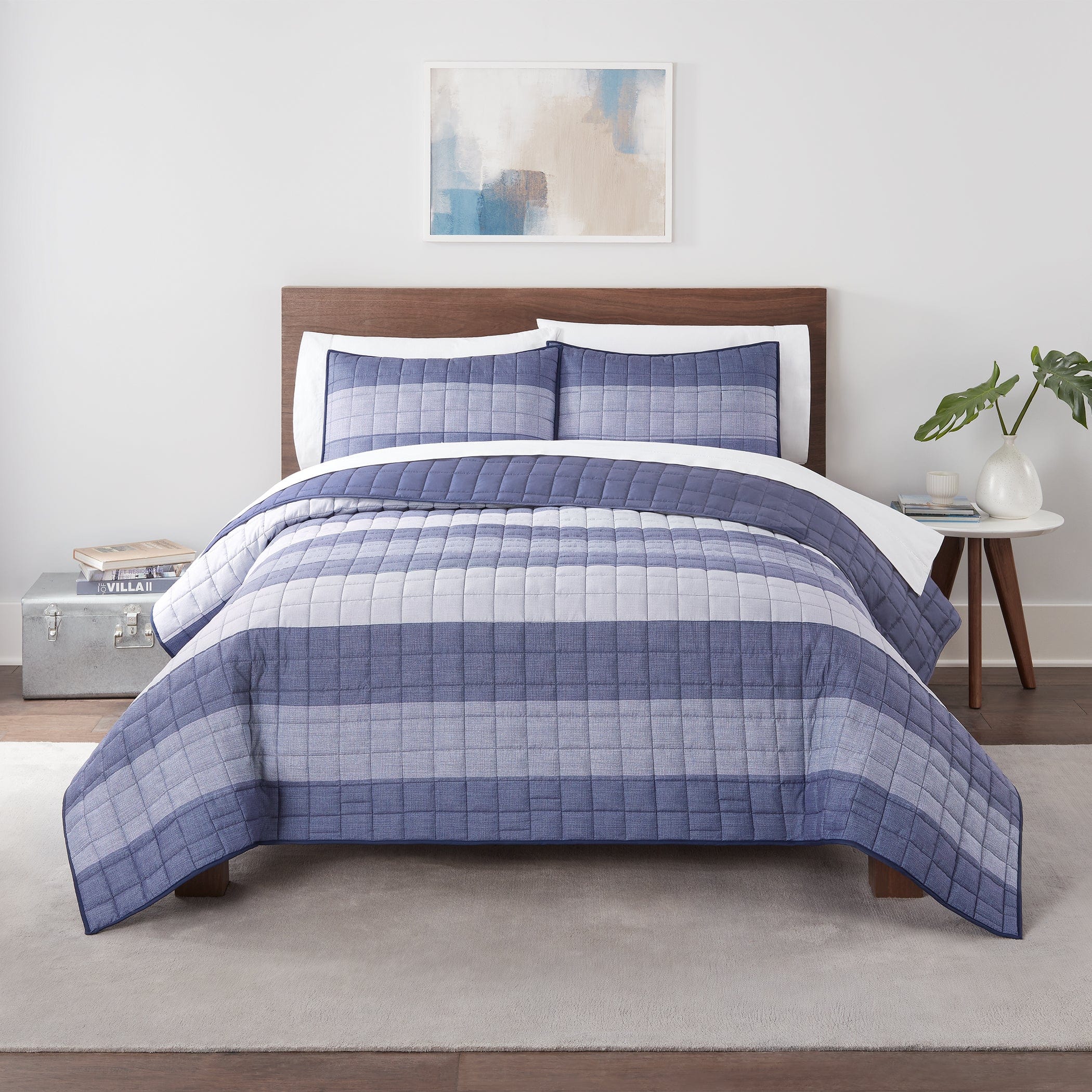 Simply Clean by Serta Textured Stripe Comforter Quilt in Blue Full/Queen Size