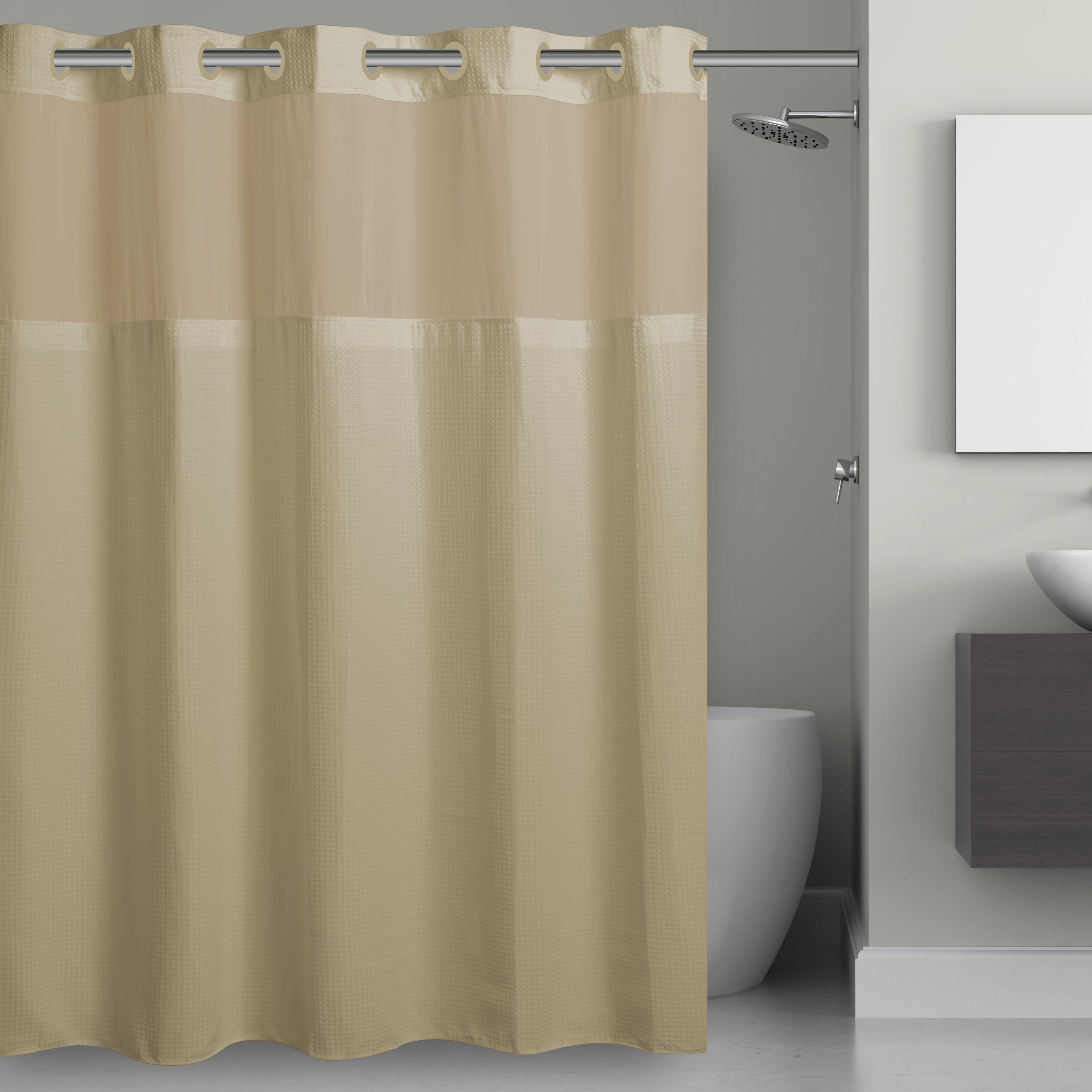 Hookless Microfiber Fabric 3-in-1 Shower Curtain Set with PEVA It’s A Snap! Snap-In Liner and Window in Stone 71 x 74