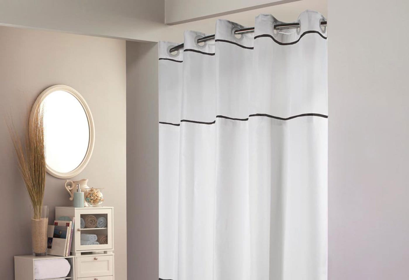 Hookless Monterey Fabric Shower Curtain   Includes Snap On/Off Replaceable Liner   White with Black Piping in Black/White