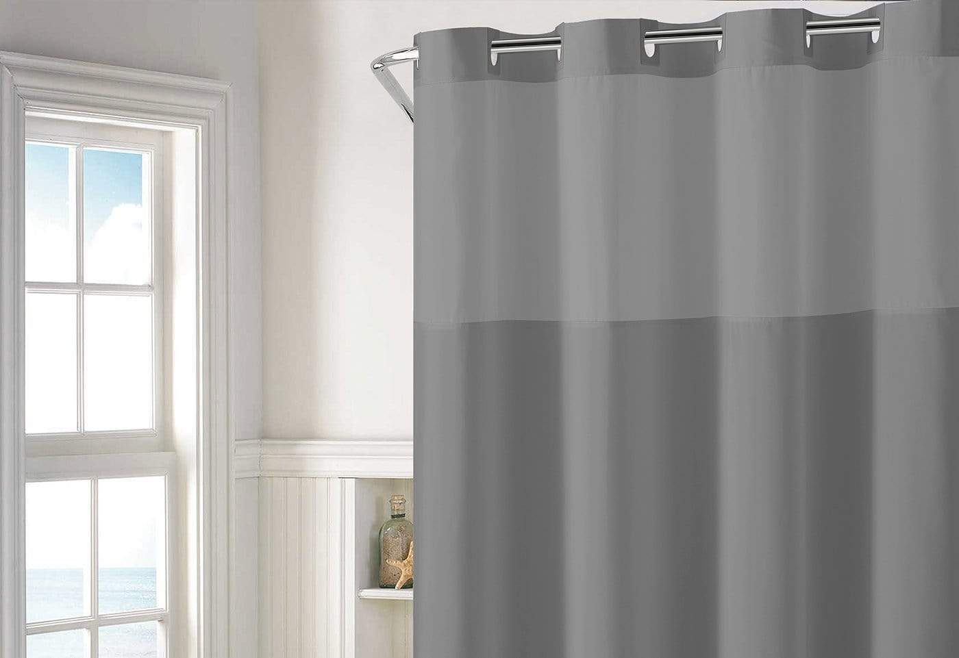 Hookless Plain Weave 55 Fabric 3-in-1 Shower Curtain Set with PEVA It’s A Snap! Snap-In Liner and Window in Grey