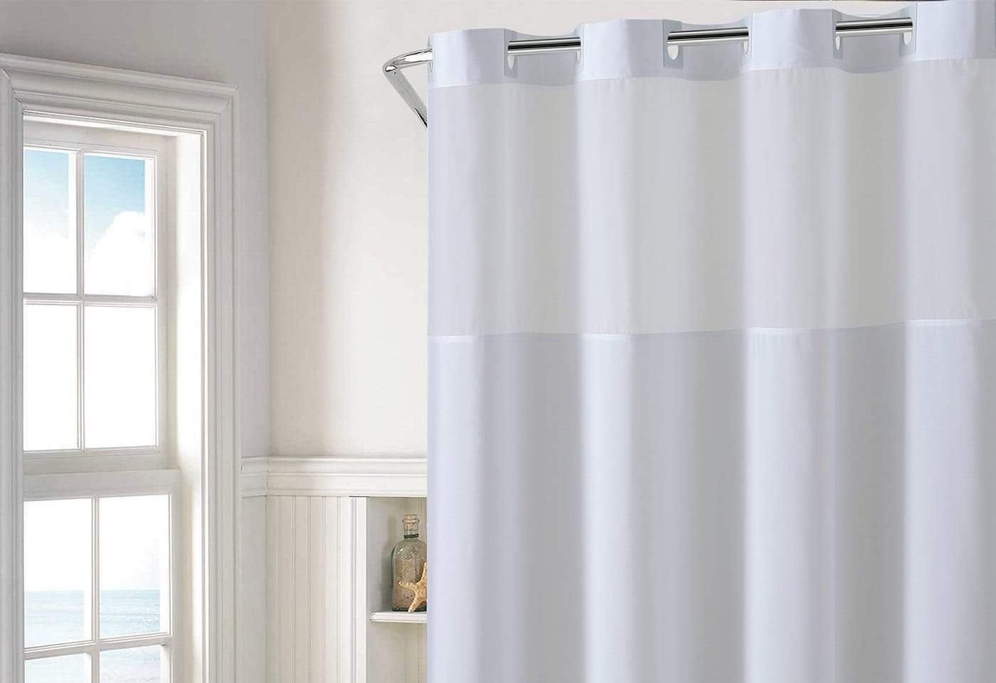 Hookless Plain Weave 55 Fabric 3-in-1 Shower Curtain Set with PEVA It’s A Snap! Snap-In Liner and Window in White