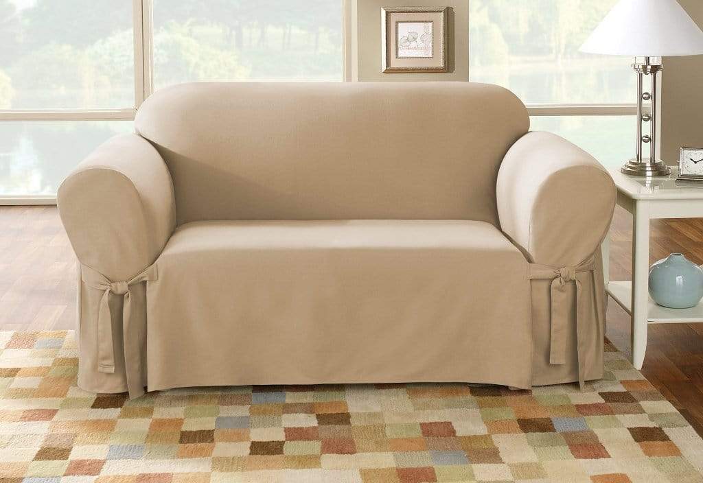 SureFit Cotton Duck One Piece Loveseat Slipcover   Relaxed Fit   Corner Ties   100% Cotton   Machine Washable Box Cushion in Tan