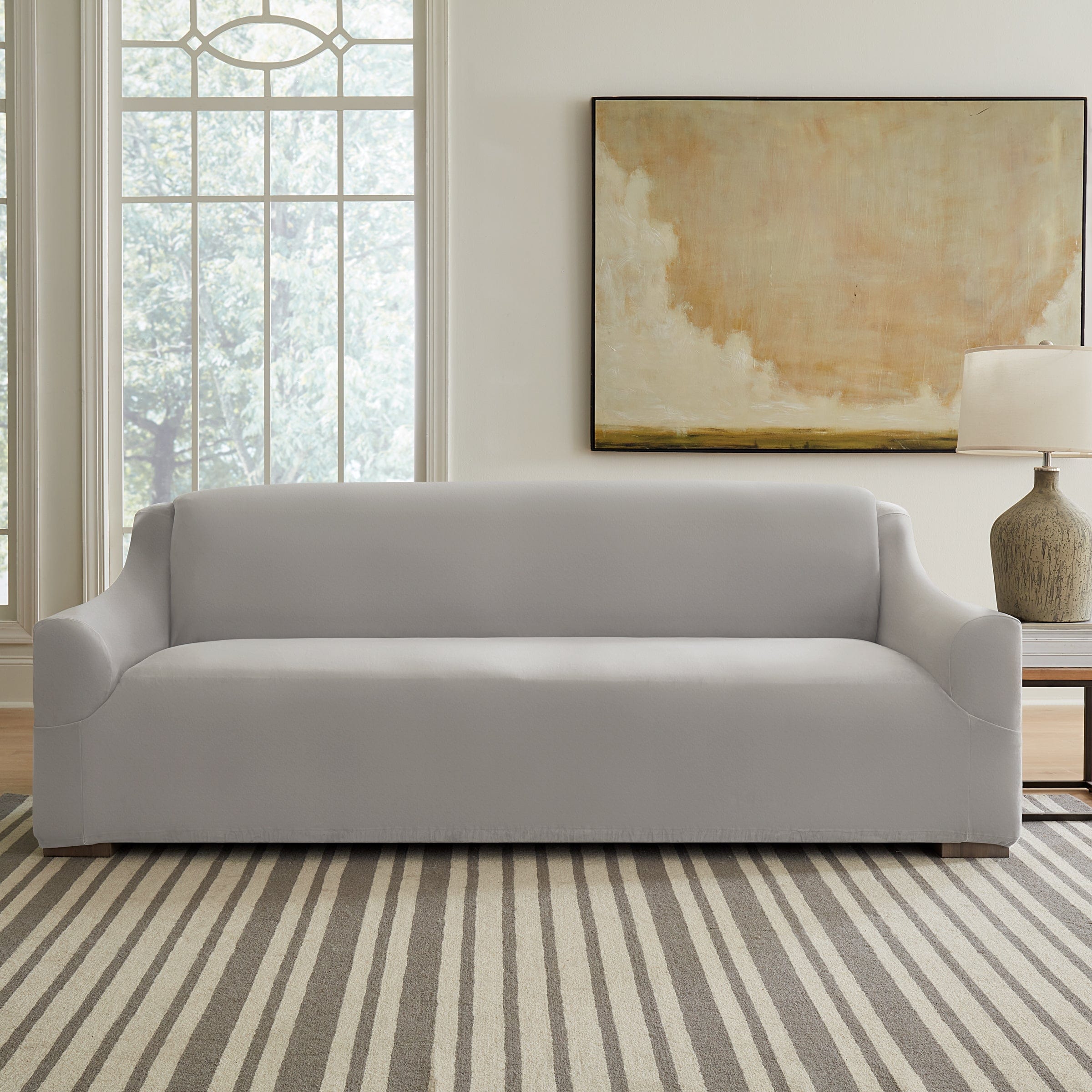 SureFit Hampstead Stretch Velvet XL Sofa Slipcover   Machine Washable in Light Grey