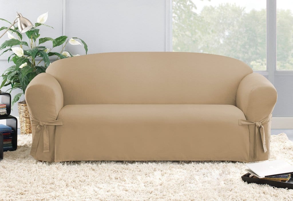 SureFit Cotton Duck One Piece Sofa Slipcover   Relaxed Fit   Corner Ties   100% Cotton   Machine Washable in Tan