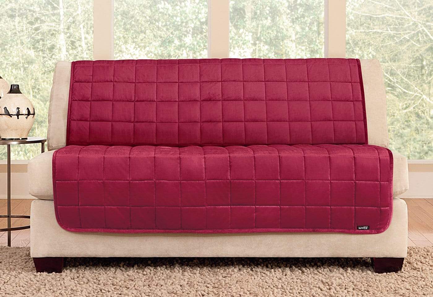 SureFit Deluxe Comfort Armless Loveseat Furniture Protector   Antimicrobial   Pet Furniture Cover   Machine Washable in Burgundy