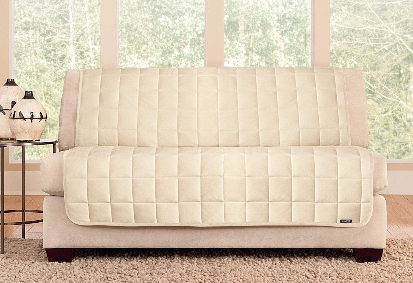 SureFit Deluxe Comfort Armless Loveseat Furniture Protector   Antimicrobial   Pet Furniture Cover   Machine Washable in Ivory