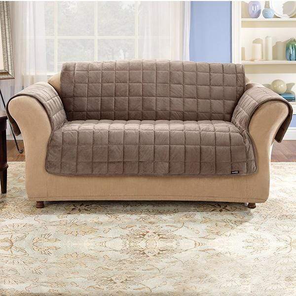 SureFit Deluxe Comfort Loveseat Furniture Protector with Arms   Antimicrobial   Pet Furniture Cover   Machine Washable in Sable