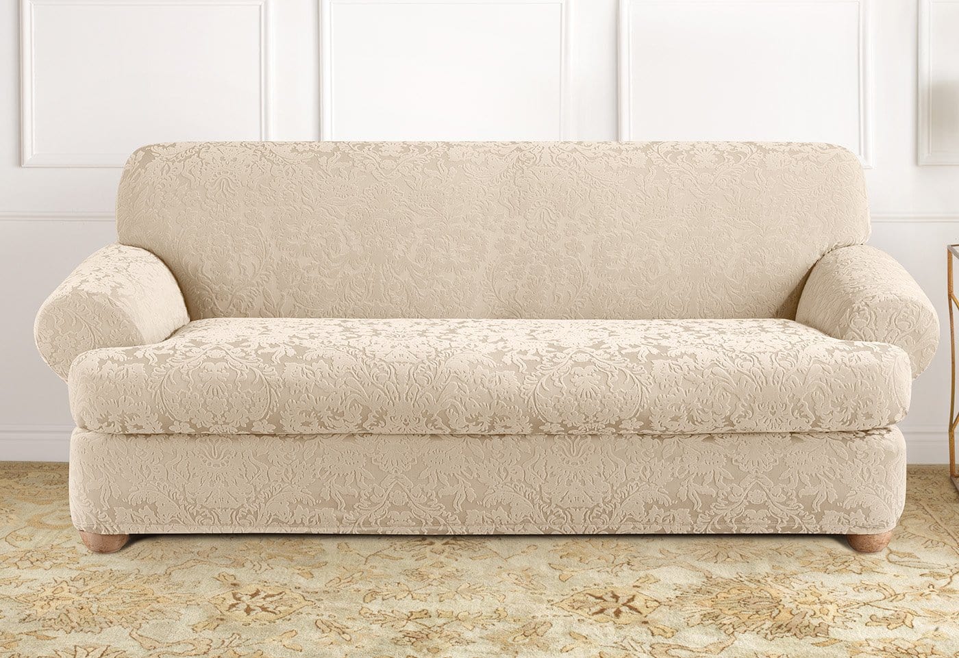 Stretch Jacquard Damask Two Piece Sofa Slipcover   Damask Pattern   Form Fit   Machine Washable in Oyster SureFit