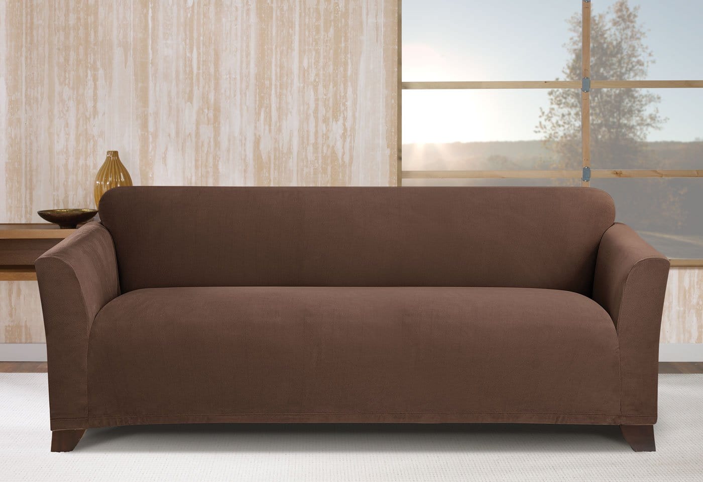 SureFit Stretch Morgan One Piece Sofa Slipcover   Form Fit   Box Cushion   Machine Washable in Chocolate