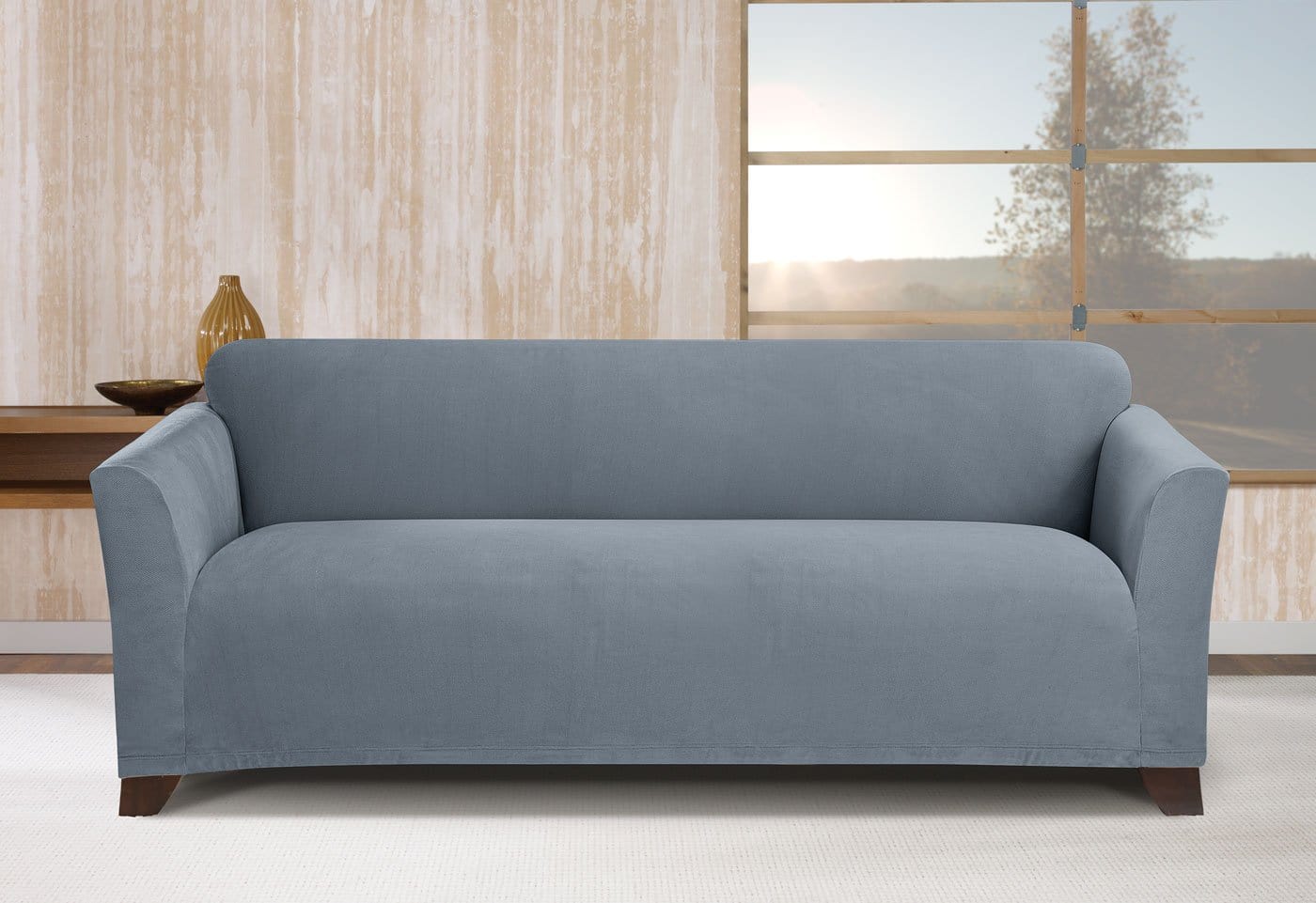 Stretch Morgan One Piece Sofa Slipcover   Form Fit   Box Cushion   Machine Washable in Storm Blue SureFit