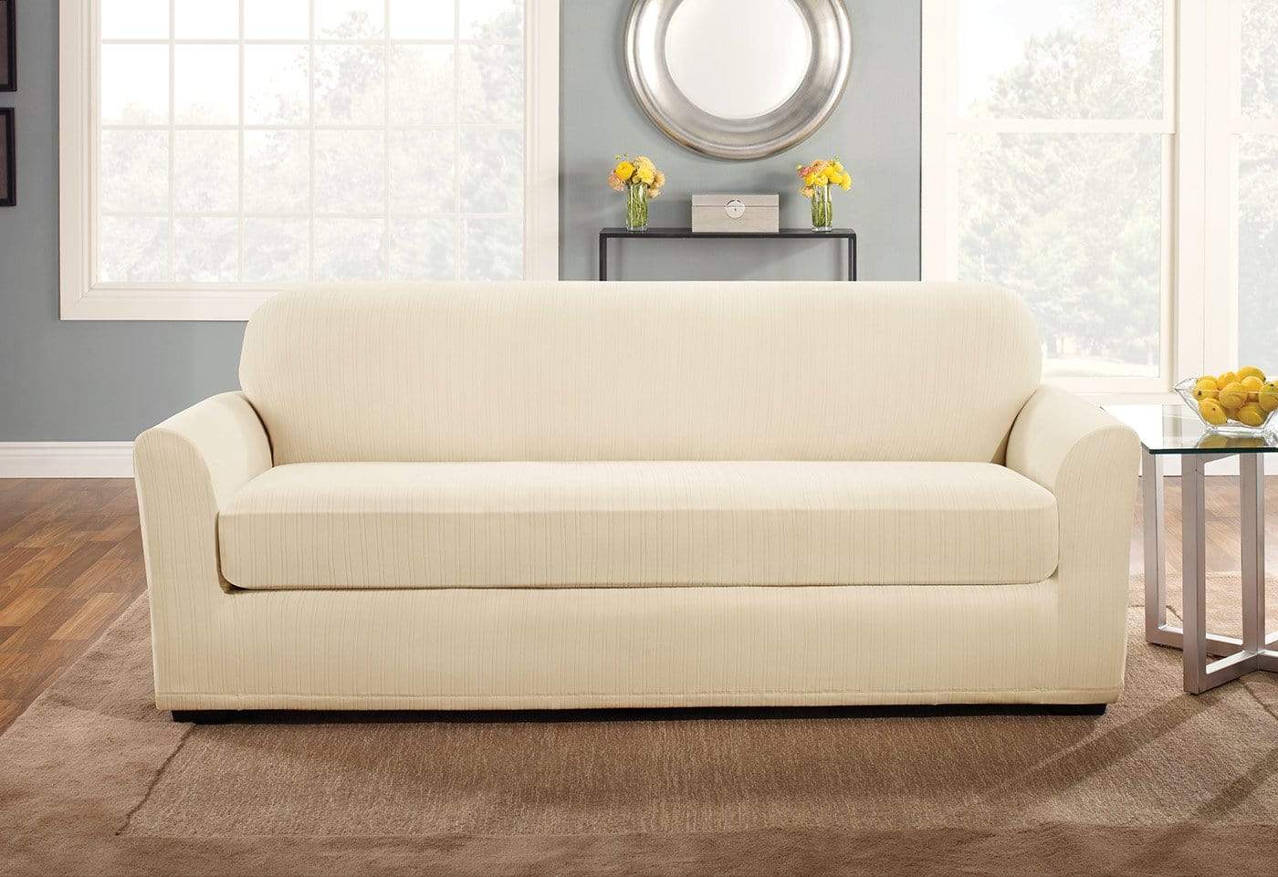 SureFit Stretch Pinstripe Two Piece Sofa Slipcover   Form Fit   Box Cushion   Machine Washable   Outlet in Cream