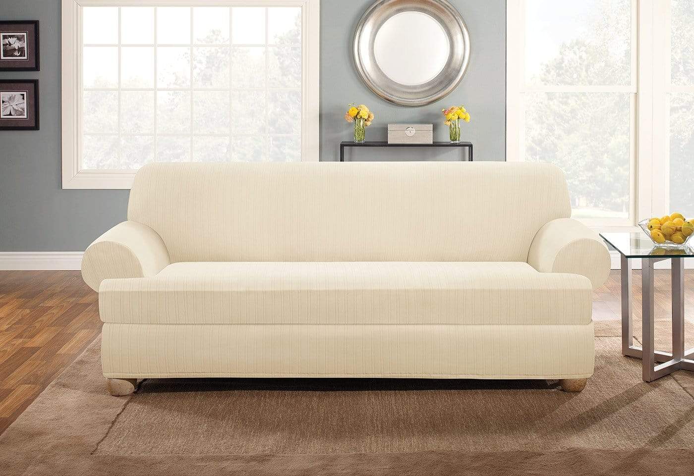 SureFit Stretch Pinstripe Two Piece Sofa Slipcover   Form Fit   Box Cushion   Machine Washable in Cream