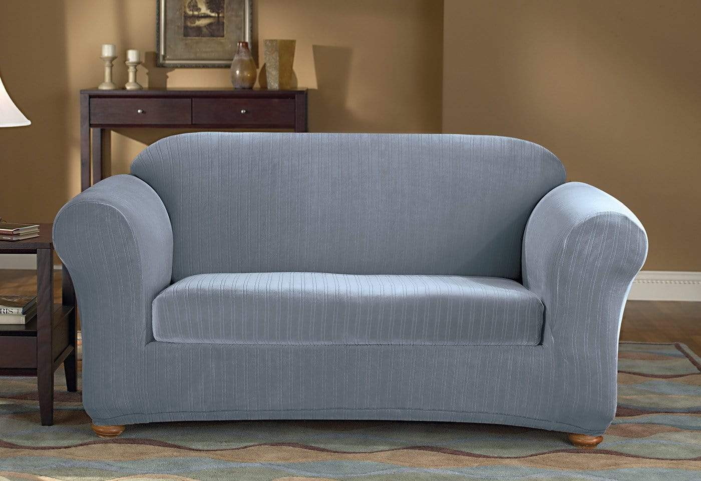 SureFit Stretch Pinstripe Two Piece Sofa Slipcover   Form Fit   Box Cushion   Machine Washable in French Blue