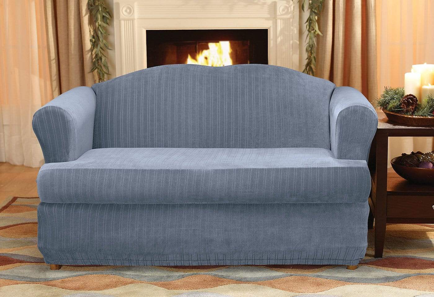 Stretch Pinstripe Two Piece Sofa Slipcover   Form Fit   Box Cushion   Machine Washable - Outlet in French Blue SureFit