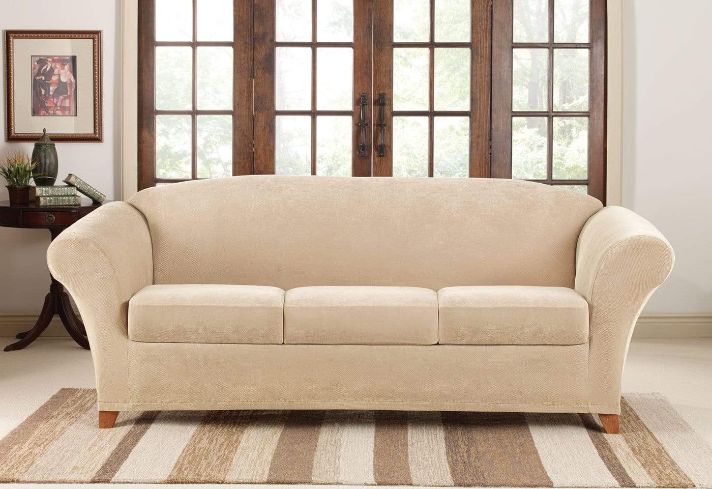 Stretch Piqué Four Piece Sofa Slipcover   Form Fit   Individual Cushion Covers   Machine Washable in Cream SureFit