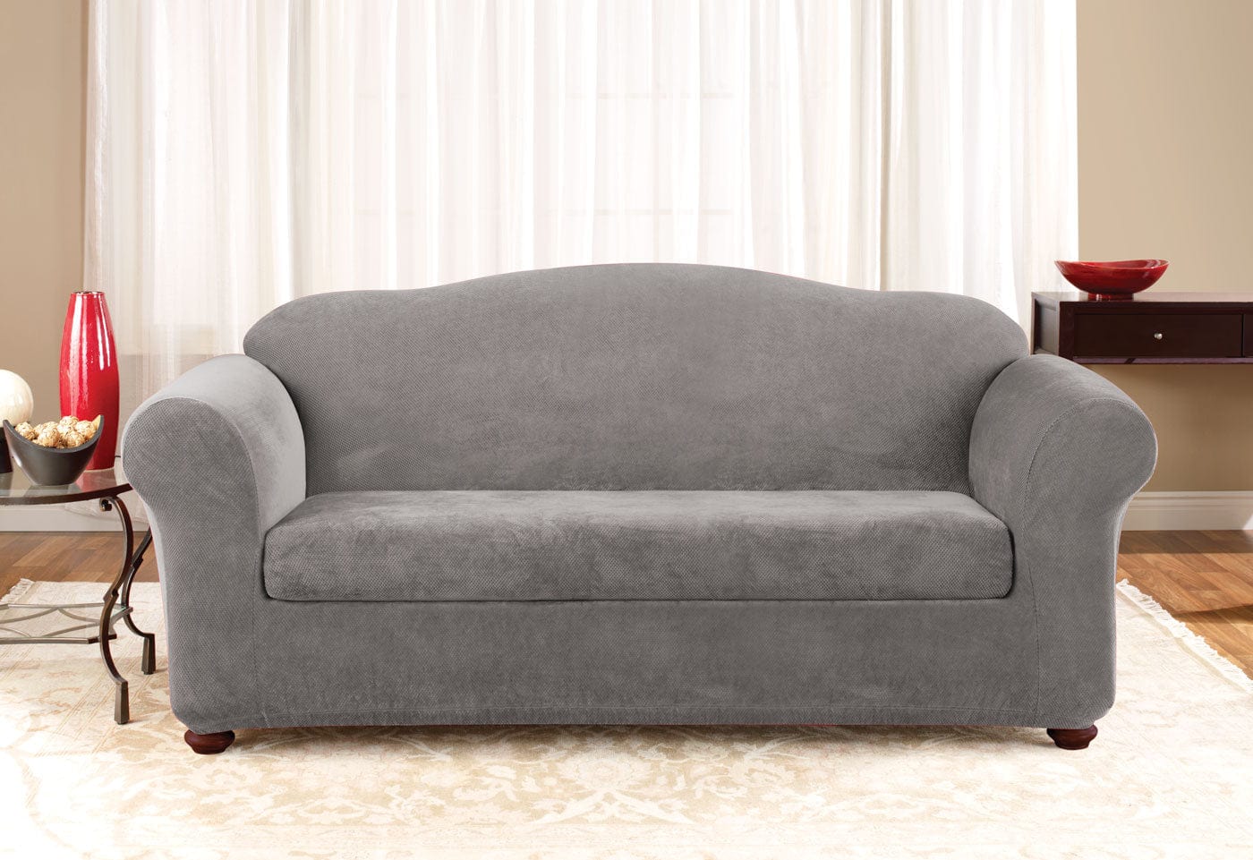 Stretch Piqué Two Piece Sofa Slipcover   Form Fit   Waffle-Knit Pattern   Machine Washable in Flannel Grey SureFit