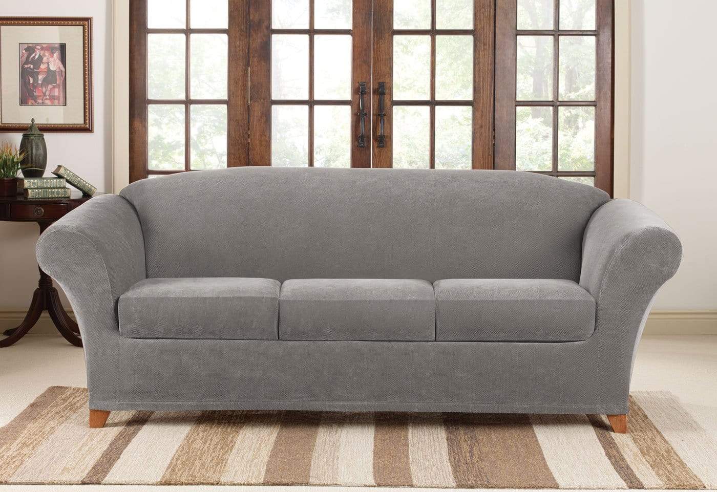 SureFit Stretch Piqué Four Piece Sofa Slipcover   Form Fit   Individual Cushion Covers   Machine Washable in Flannel Grey