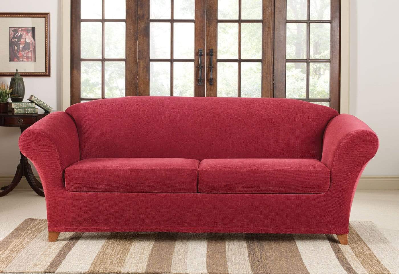 SureFit Stretch Piqué Three Piece Sofa Slipcover   Form-Fitting   Individual Cushion Covers   Machine Washable in Garnet