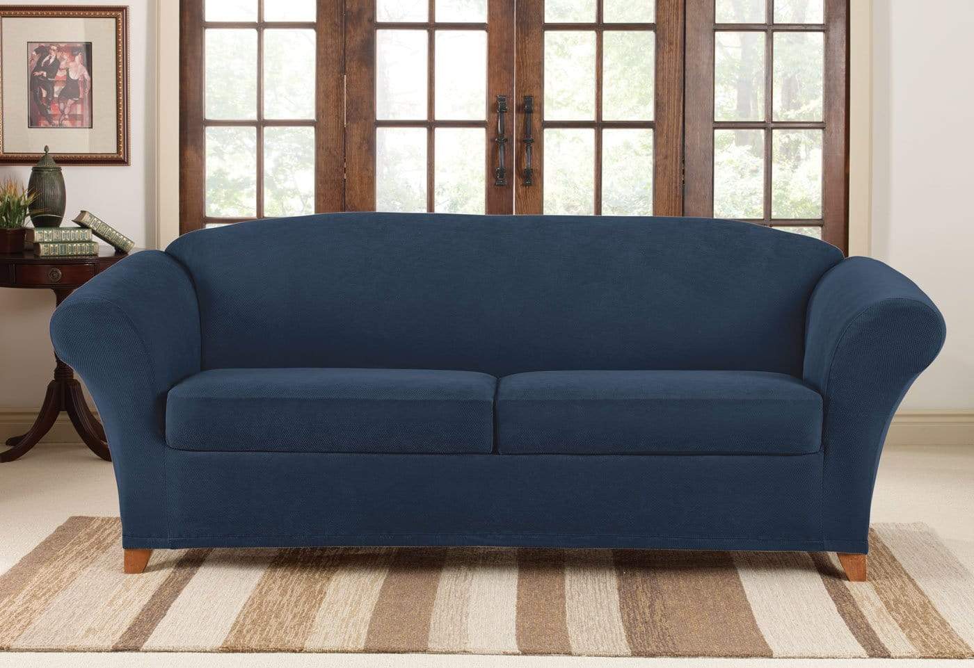 SureFit Stretch Piqué Three Piece Sofa Slipcover   Form-Fitting   Individual Cushion Covers   Machine Washable in Navy Blue