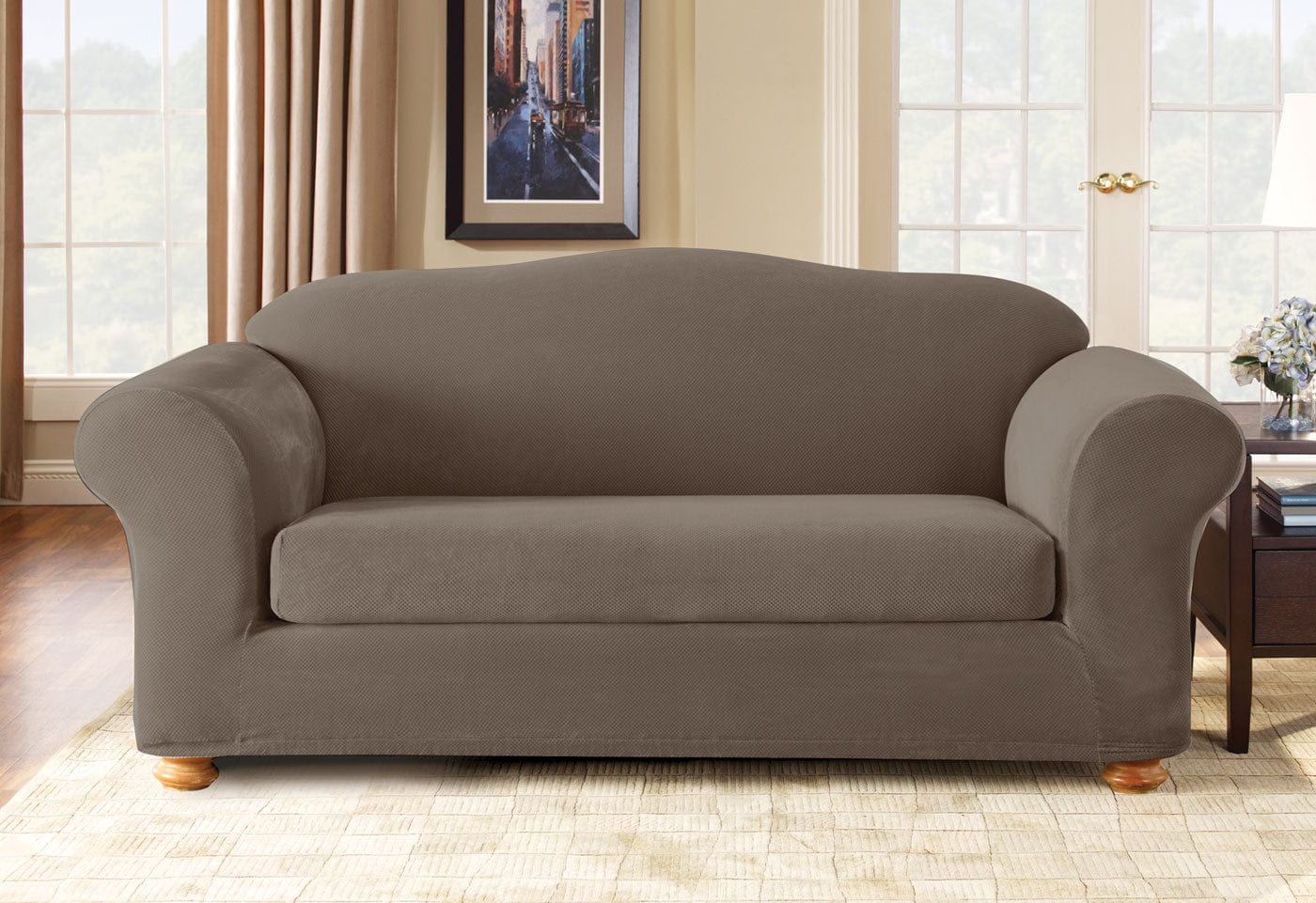 Stretch Piqué Two Piece Sofa Slipcover   Form Fit   Waffle-Knit Pattern   Machine Washable in Taupe SureFit