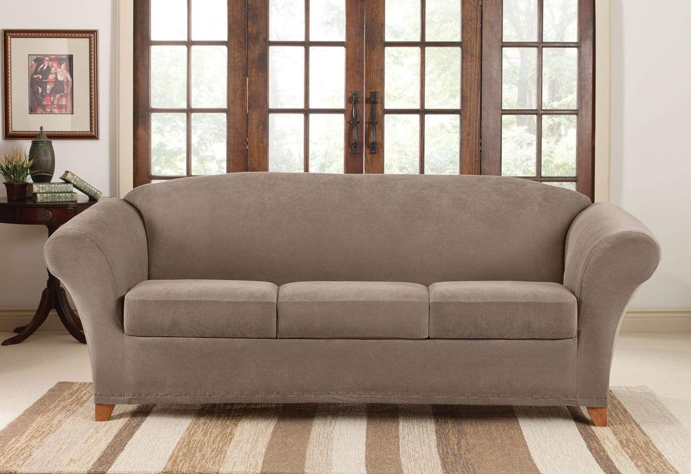 SureFit Stretch Piqué Four Piece Sofa Slipcover   Form Fit   Individual Cushion Covers   Machine Washable in Taupe
