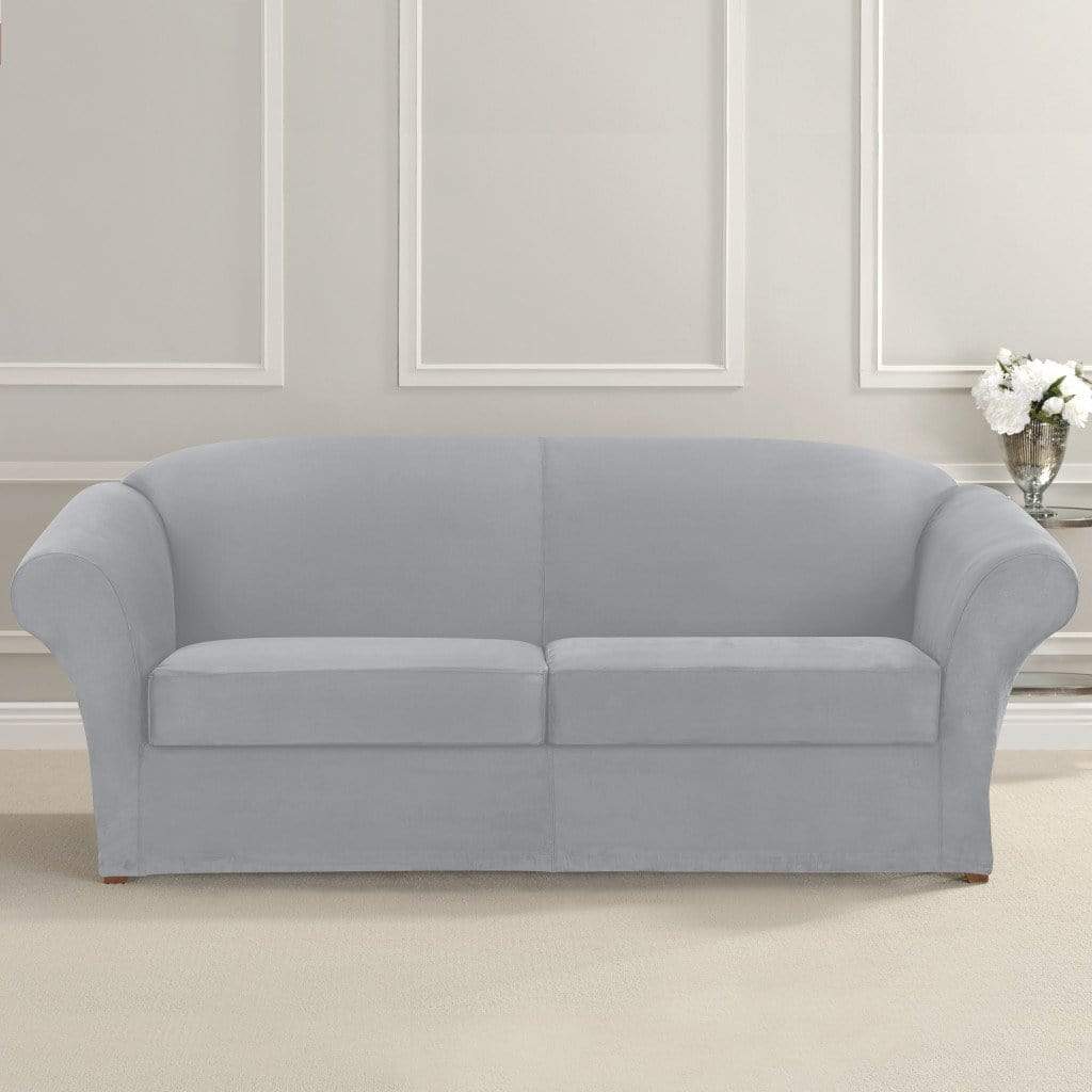 SureFit Ultimate Stretch Suede Three Piece Sofa Slipcover   Form Fit   Individual Cushion Covers   Machine Washable in Light Grey