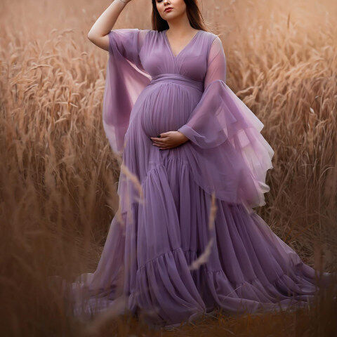 Lukalula Maternity Purple Chiffon V-Neck Ruffle Photoshoot Dress