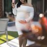 Lukalula Maternity White Ruched Bodycon Off Shoulder Long Sleeve Baby Shower Midi Dress