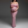 Lukalula Pink Off Shoulder Belly Friendly Ruched Boat Neck Bodycon Photoshoot Maternity Maxi Dress