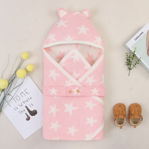 Lukalula Newborn Baby Star Knitted Wrap Swaddle Blanket Hooded Sleeping Bag Envelope Sleep