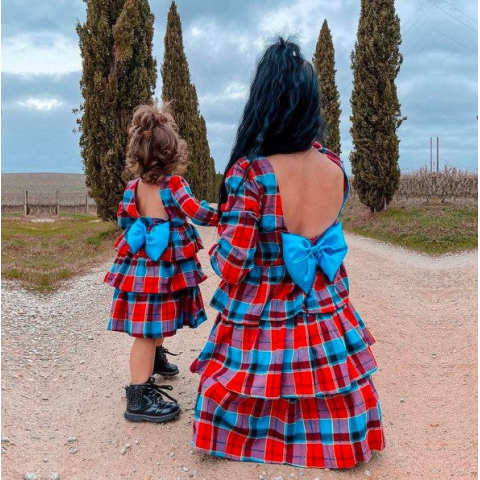 Lukalula Sweet Red Plaid Long Sleeve Backless Bow Mom Girl Dress